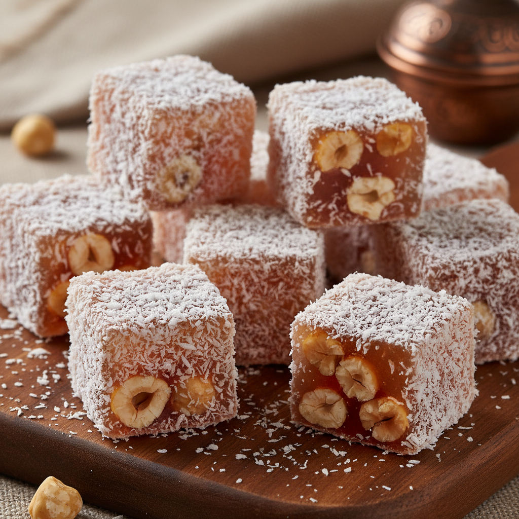 Rich Turkish delight filled with roasted hazelnuts and coated with coconut for extra texture.